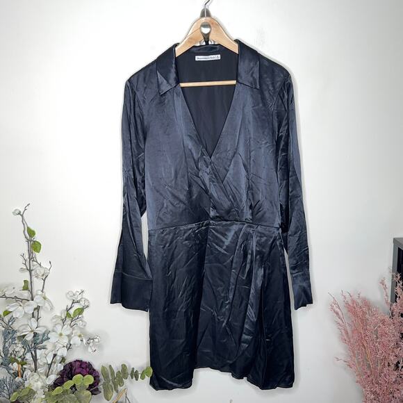 ABERCROMBIE & FITCH Long-Sleeve Satin Drapey Shirt Dress Black {VV18} - Picture 2 of 5